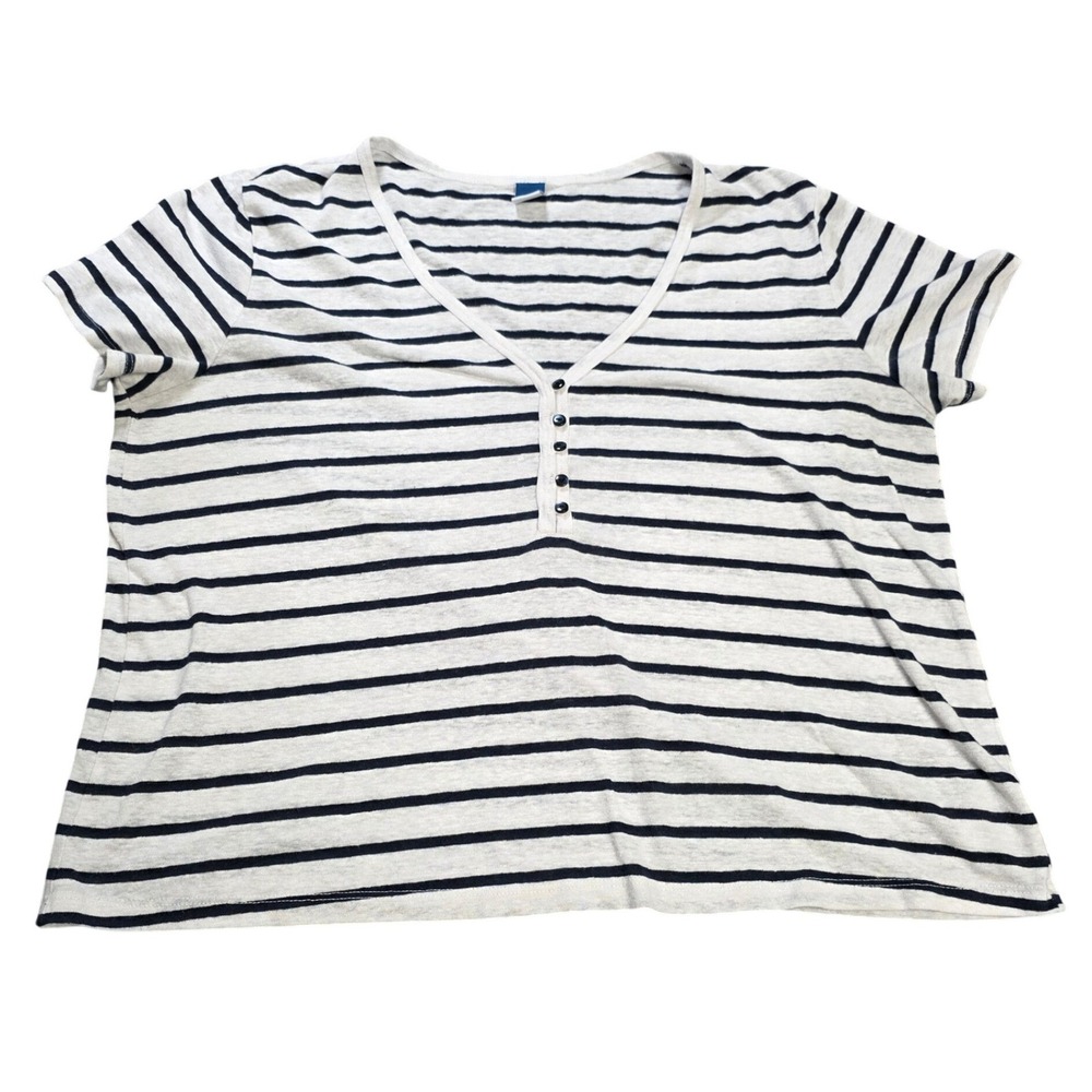 Old Navy Striped T-Shirt Women's Size L Navy Blue White Linen Blend V-Neck